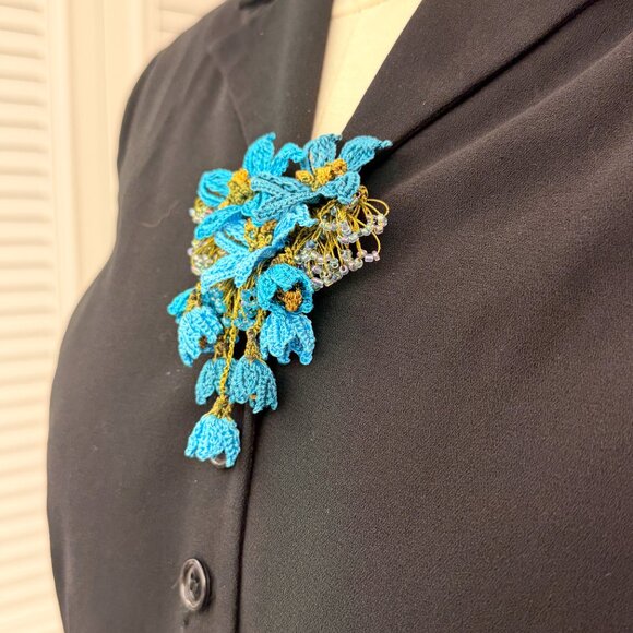 Collectable Traditional Turkish Brooch Oya Blue Needle Lace & Beading - Picture 3 of 8